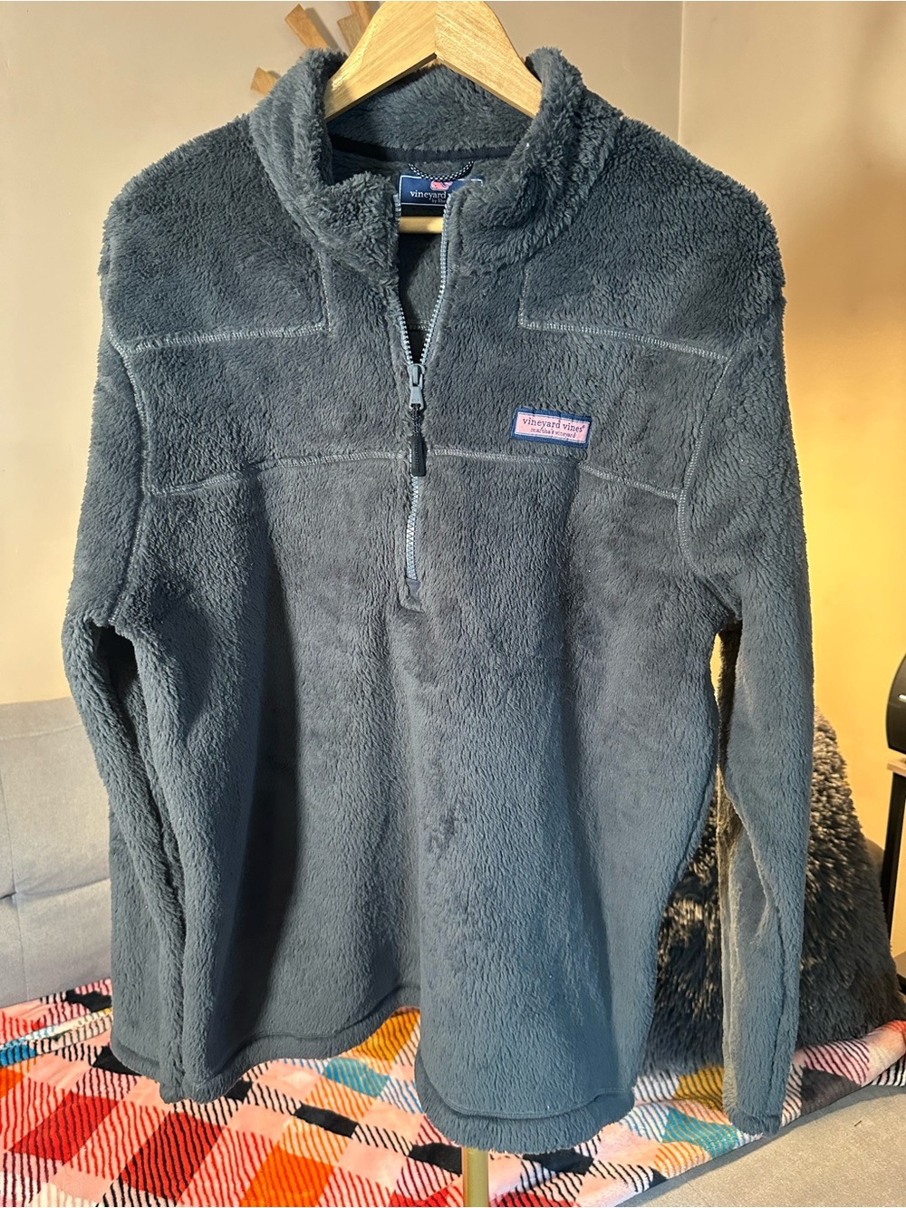 Vineyard Vines Men's Dark Charcoal Sherpa Plush Fleece Quarter-Zip Pullover